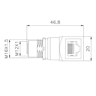 Ip67 codificação industrial impermeável dos ethernet M12 D ao conector macho do cotovelo do adaptador RJ45
